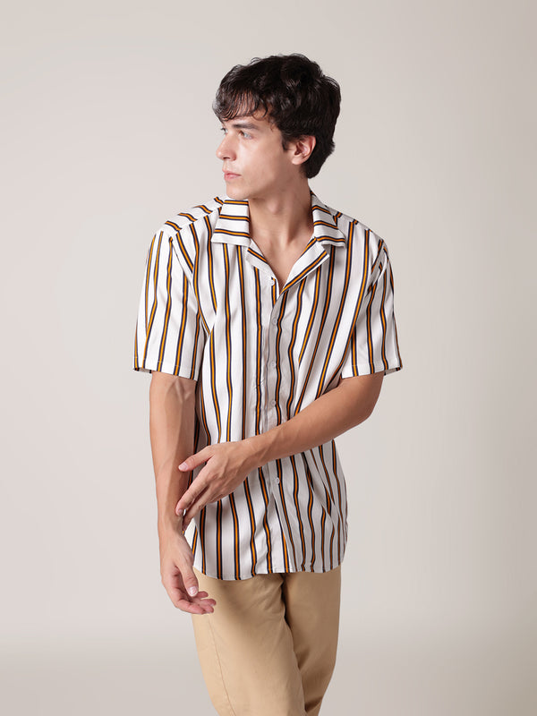 Unisex White & Yellow Striped Shirt For Men