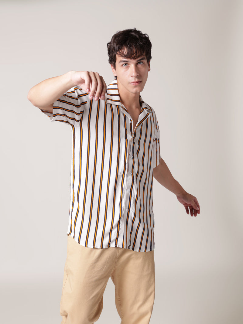 Unisex White & Yellow Striped Shirt For Men