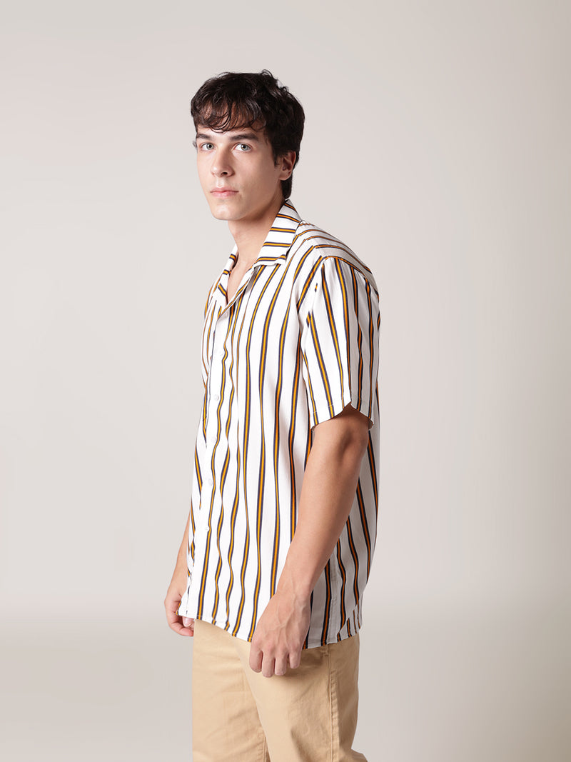 Unisex White & Yellow Striped Shirt For Men