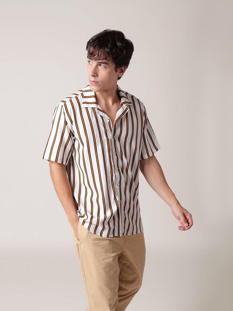 Unisex White & Yellow Striped Shirt For Men