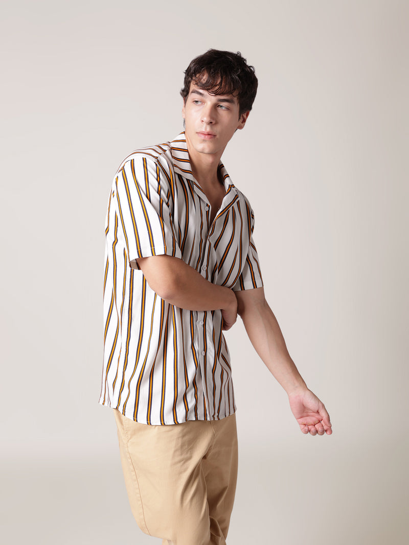 Unisex White & Yellow Striped Shirt For Men