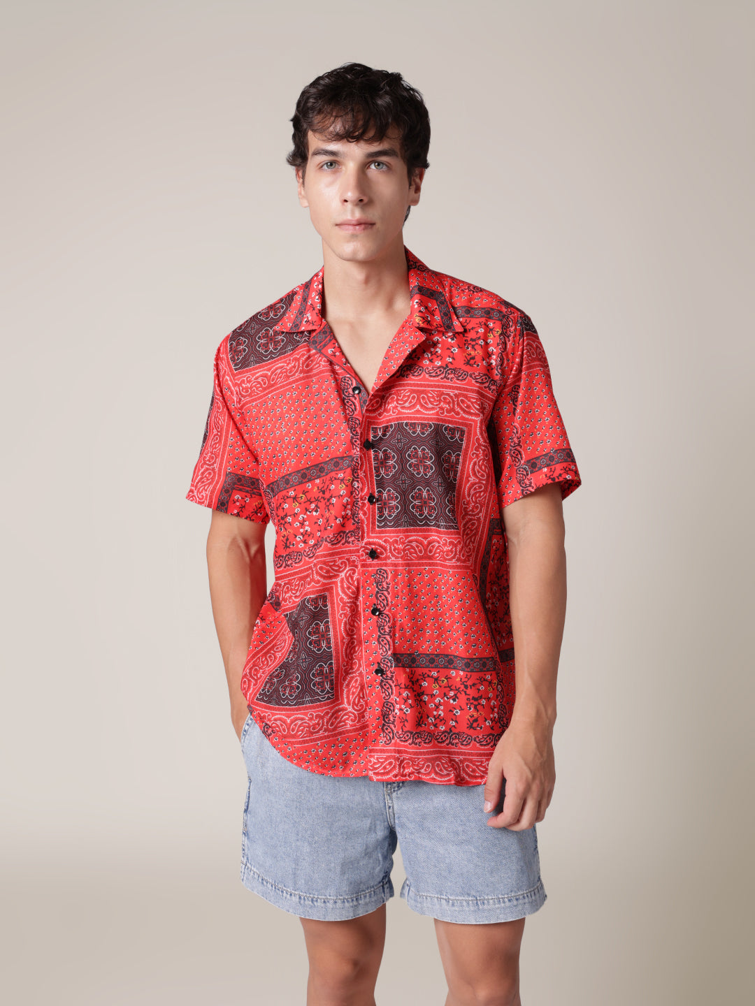 Unisex Red Bandana Patch Aloha Shirt