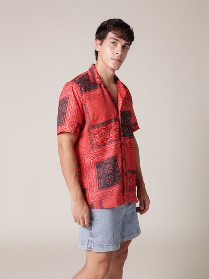 Unisex Red Bandana Patch Aloha Shirt