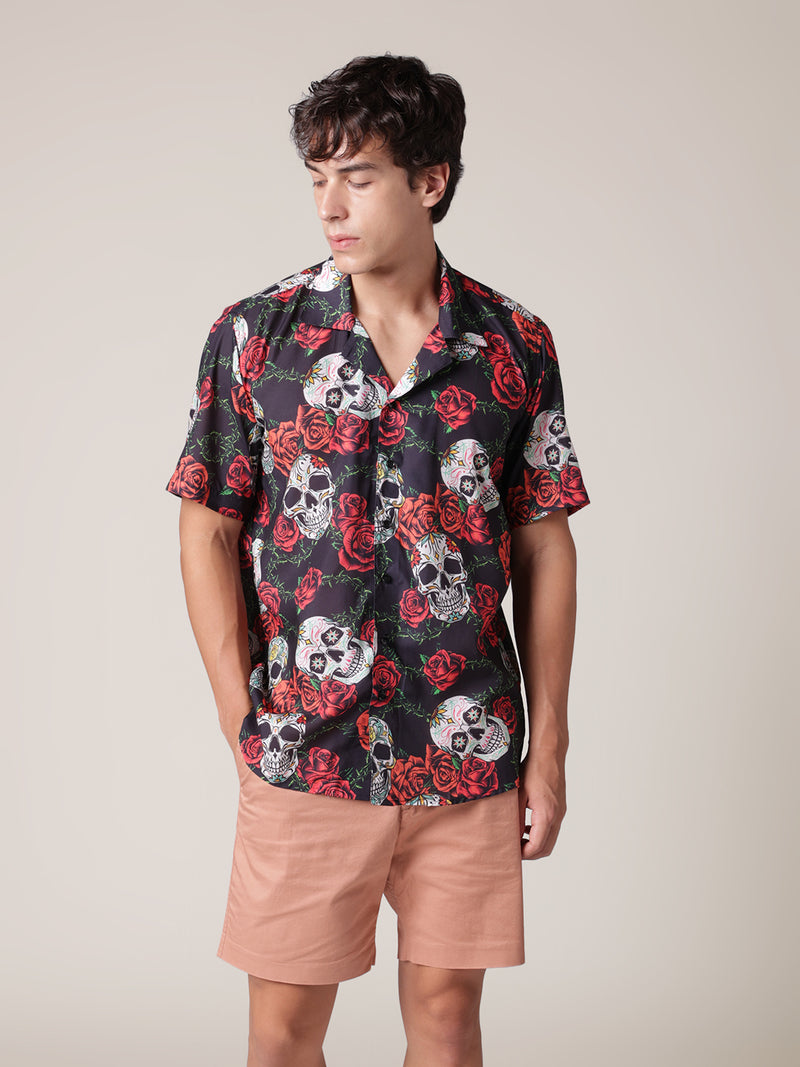 Unisex Red Rose & Skull Aloha Shirt