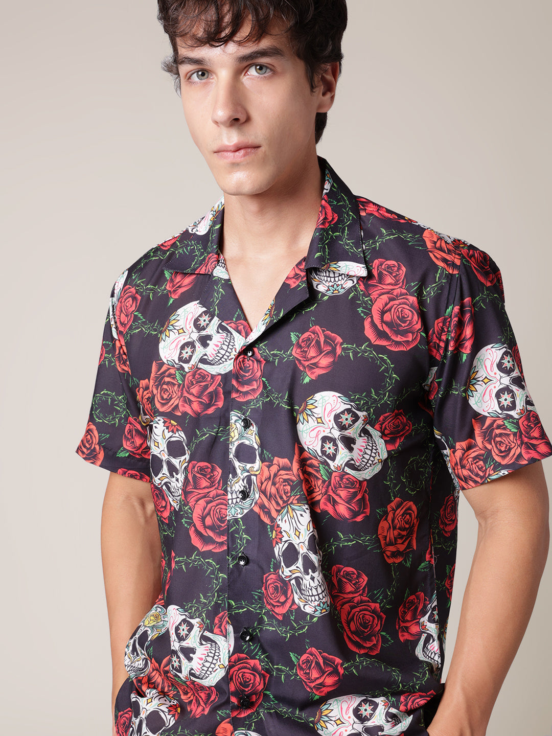 Unisex Red Rose & Skull Aloha Shirt