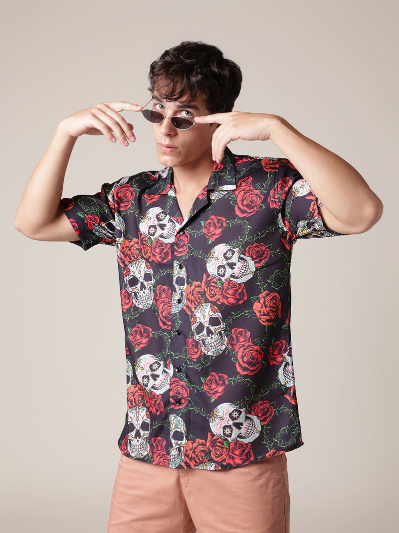 Unisex Red Rose & Skull Aloha Shirt