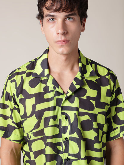 Unisex Neon Green & Black Pattern Aloha Shirt