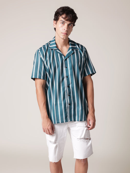 Unisex Striped Aloha Shirt ( Peacock Green )