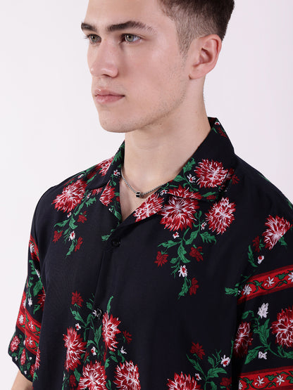 Unisex Red Floral Stripe Aloha Shirt