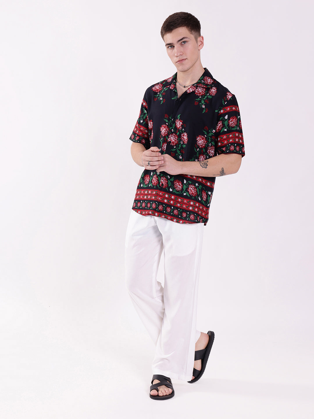 Unisex Red Floral Stripe Aloha Shirt