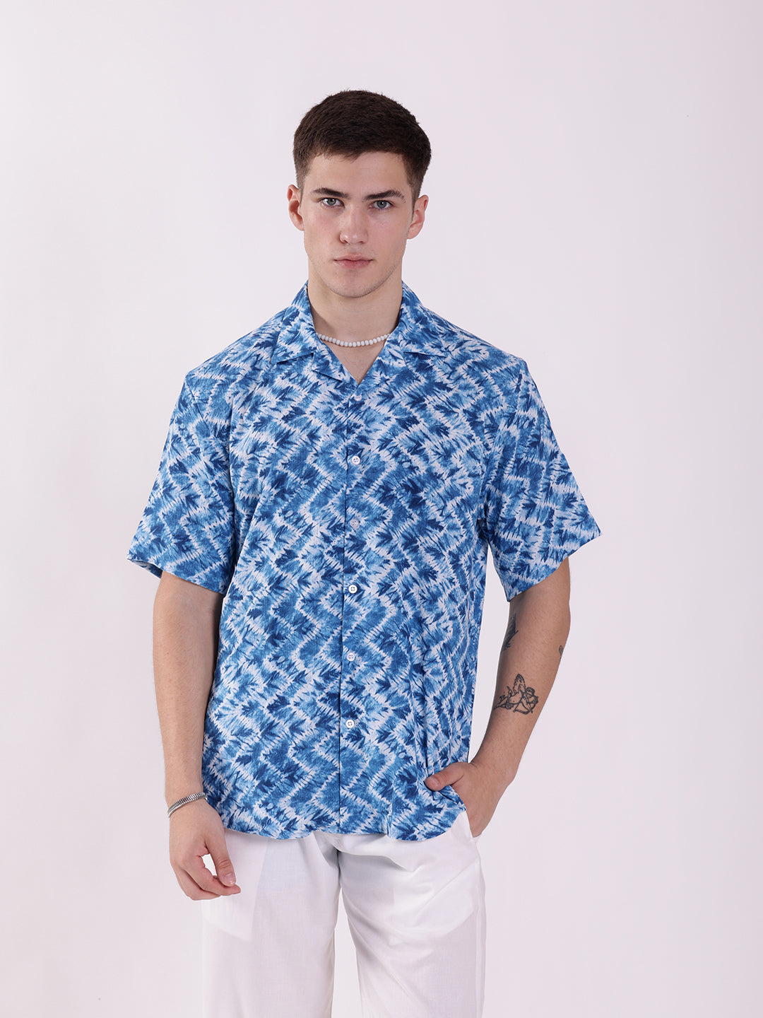 Unisex Blue & White Wrinkled Tie Dye Aloha Shirt