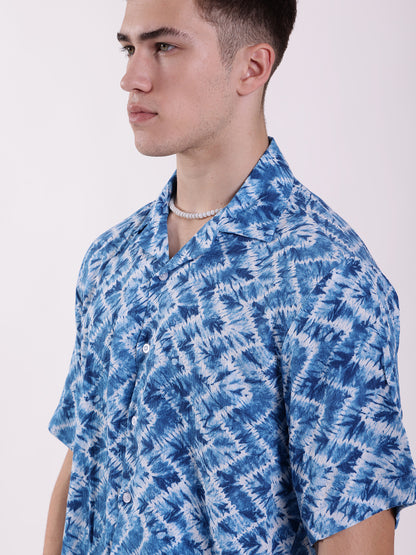 Unisex Blue & White Wrinkled Tie Dye Aloha Shirt