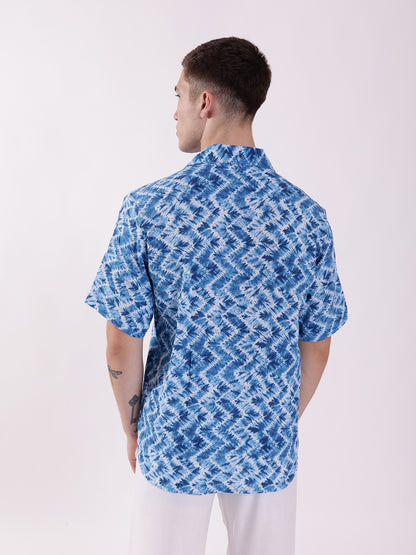 Unisex Blue & White Wrinkled Tie Dye Aloha Shirt