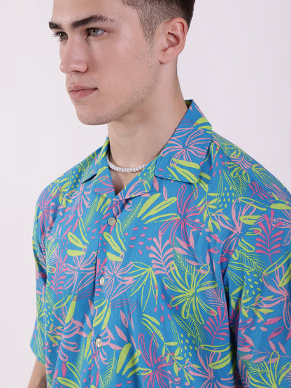 Unisex Blue Neon Tropical Aloha Shirt