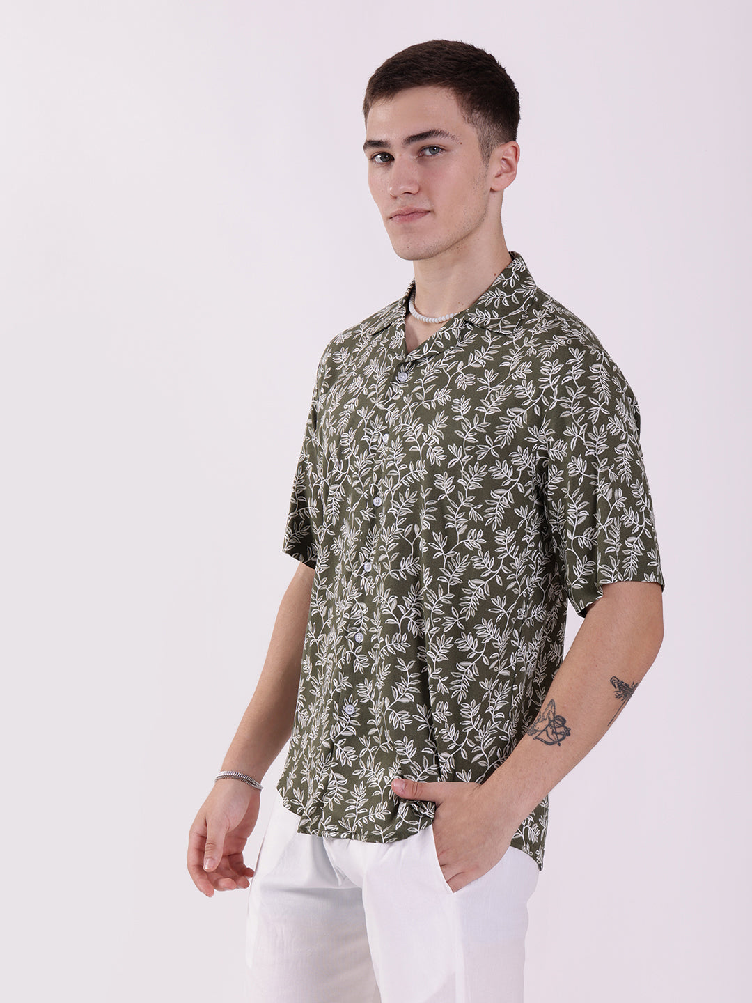 Unisex Olive Green Floral Aloha Shirt