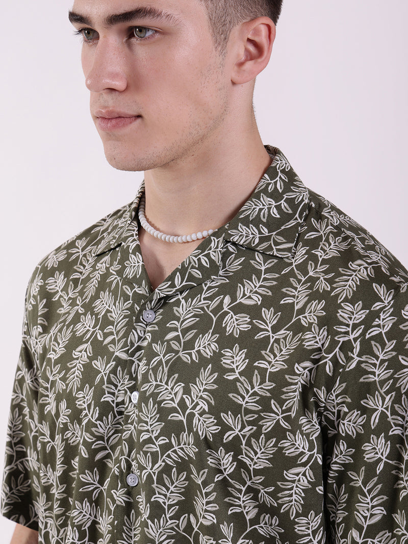 Unisex Olive Green Floral Aloha Shirt