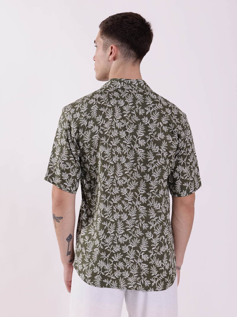 Unisex Olive Green Floral Aloha Shirt