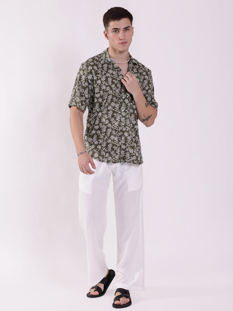 Unisex Olive Green Floral Aloha Shirt