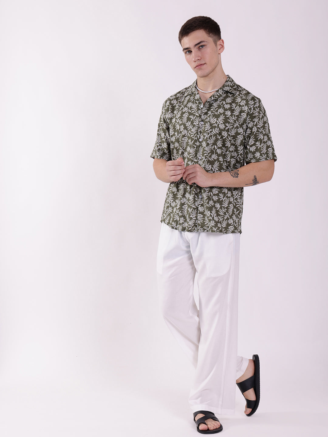 Unisex Olive Green Floral Aloha Shirt