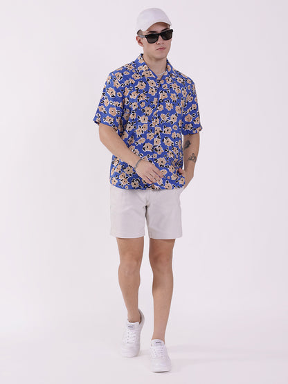 Unisex Blue Floral Pattern Aloha Shirt