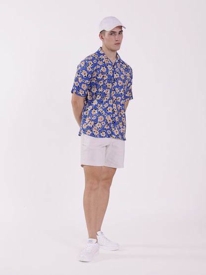 Unisex Blue Floral Pattern Aloha Shirt