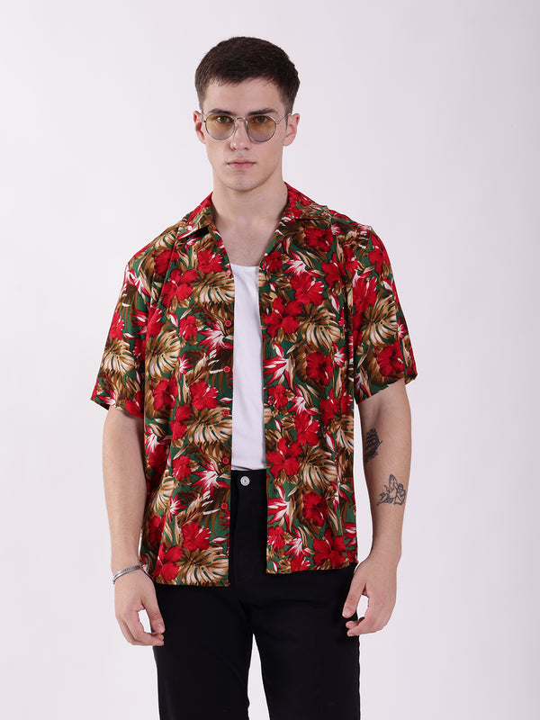 Unisex Red & Green Tropical Aloha Shirt