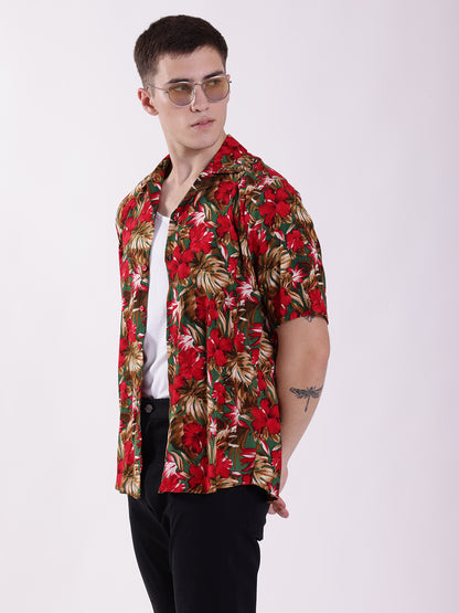 Unisex Red & Green Tropical Aloha Shirt