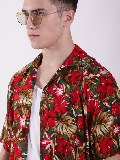 Unisex Red & Green Tropical Aloha Shirt