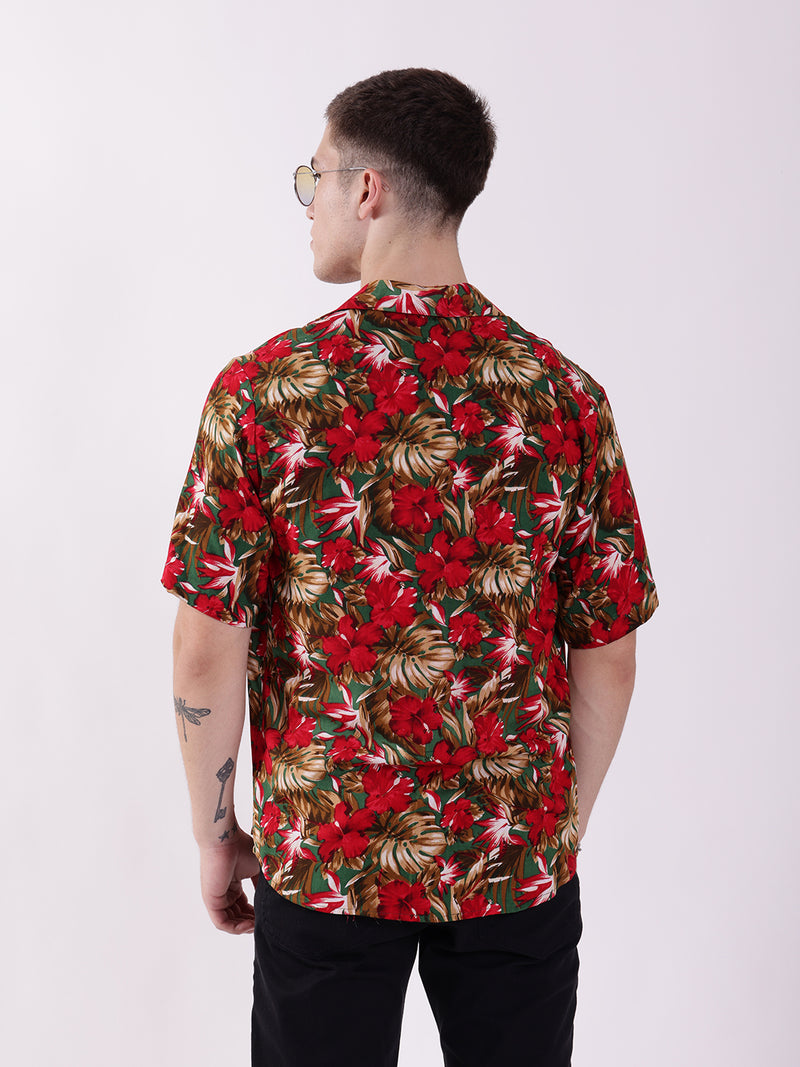 Unisex Red & Green Tropical Aloha Shirt