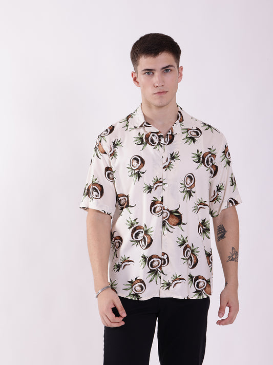 Unisex Off White Coconut Art Aloha Shirt
