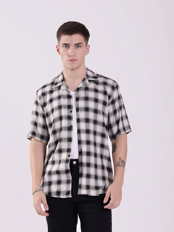 Unisex Black & White Check Pattern Aloha Shirt