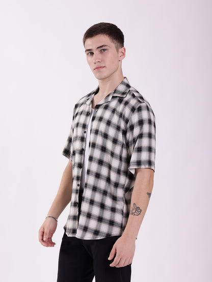 Unisex Black & White Check Pattern Aloha Shirt