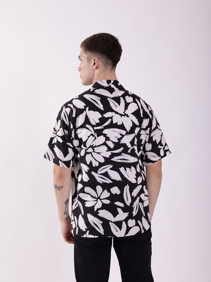 Unisex Black & White Abstract Floral Art Aloha Shirt