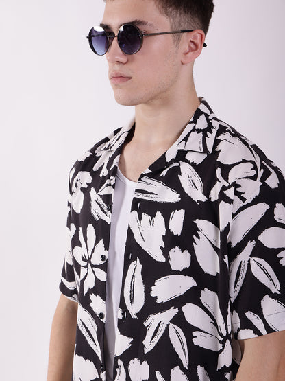 Unisex Black & White Abstract Floral Art Aloha Shirt