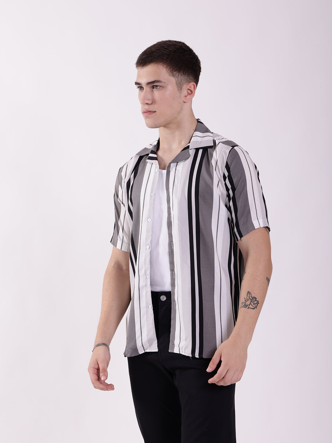 Unisex Black & White Stripe Aloha Shirt