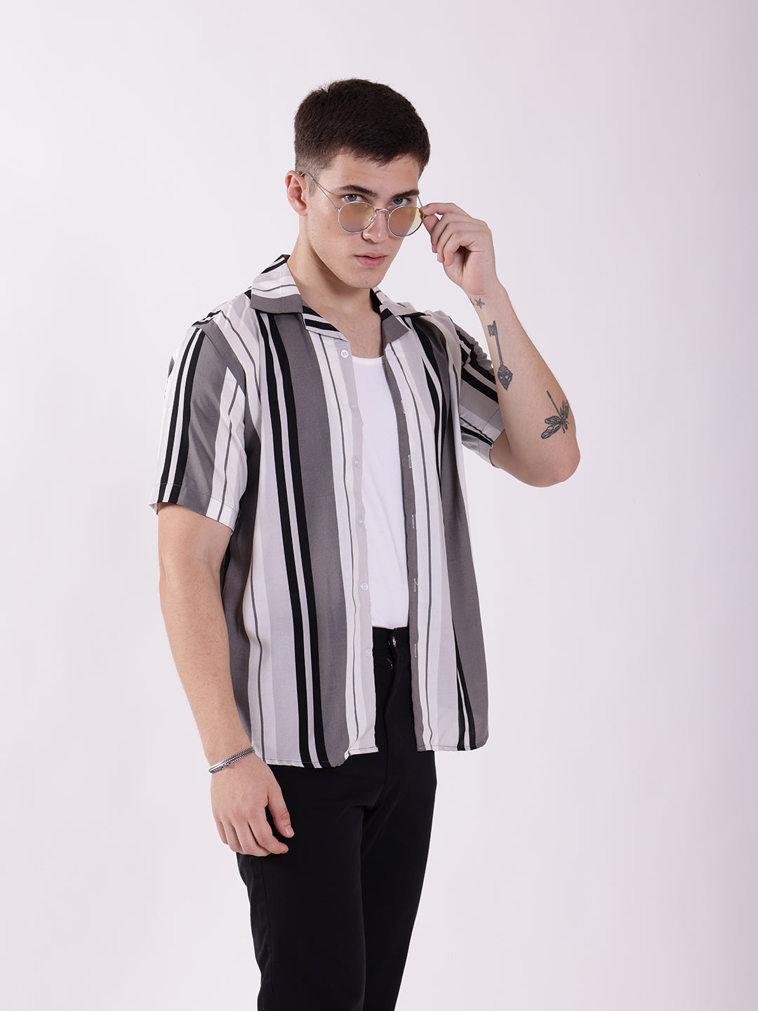 Unisex Black & White Stripe Aloha Shirt