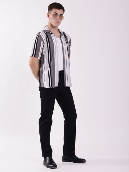 Unisex Black & White Stripe Aloha Shirt