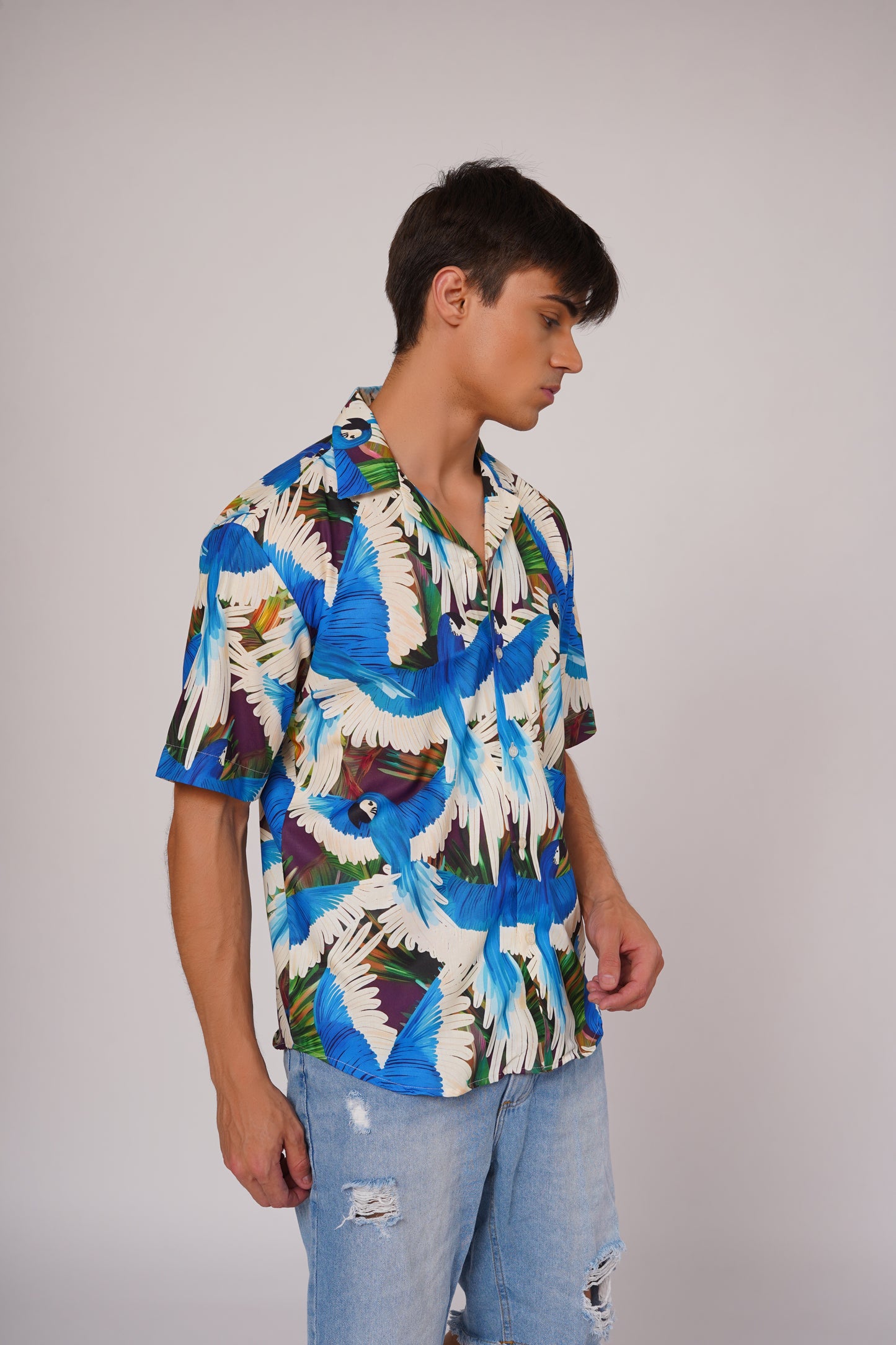Unisex Blue & White Parrot Art Aloha Shirt