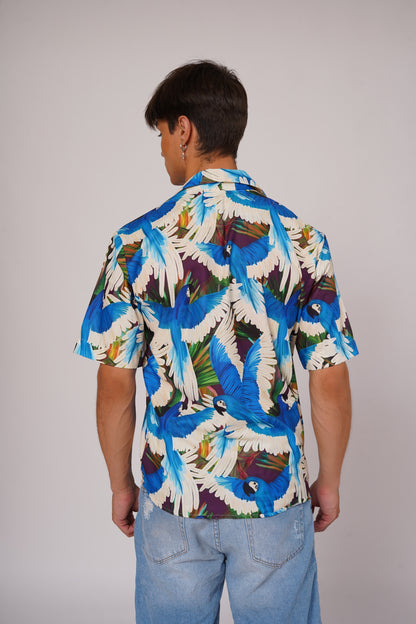 Unisex Blue & White Parrot Art Aloha Shirt