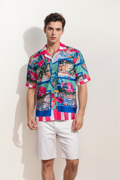 Unisex Luxe Resort Aloha Shirt ( Pink Stripes )