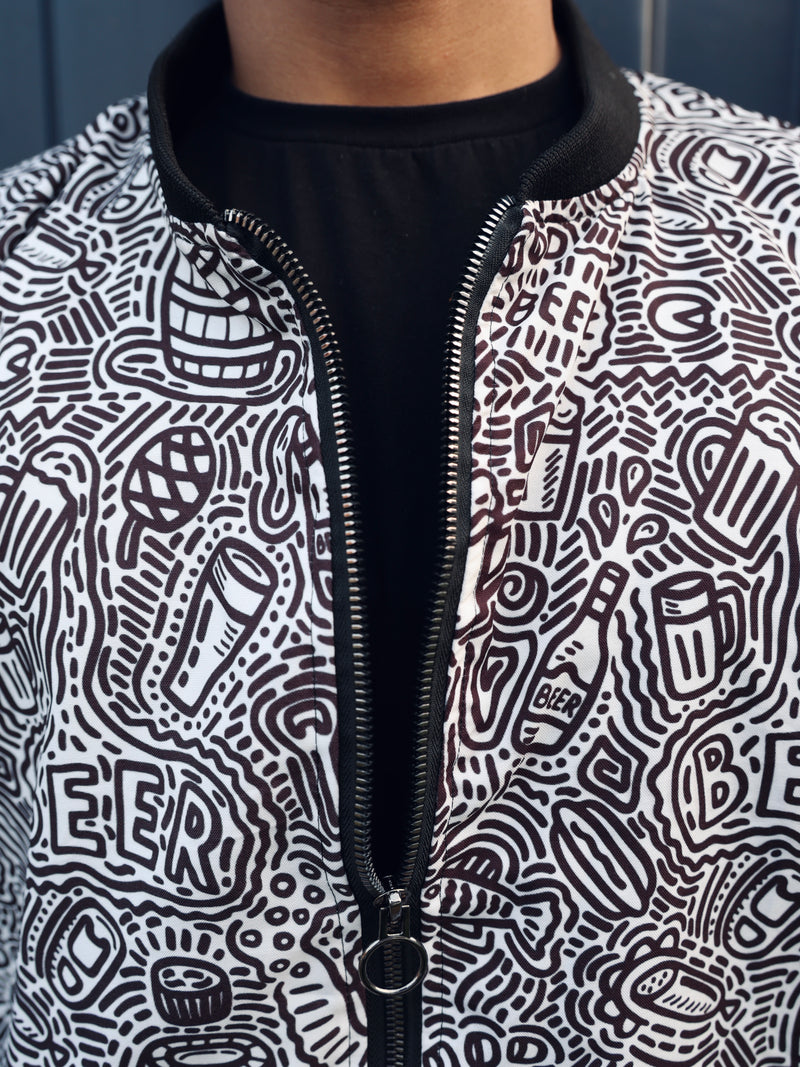 Unisex White & Black Abstract Grafiiti Art Bomber Jacket