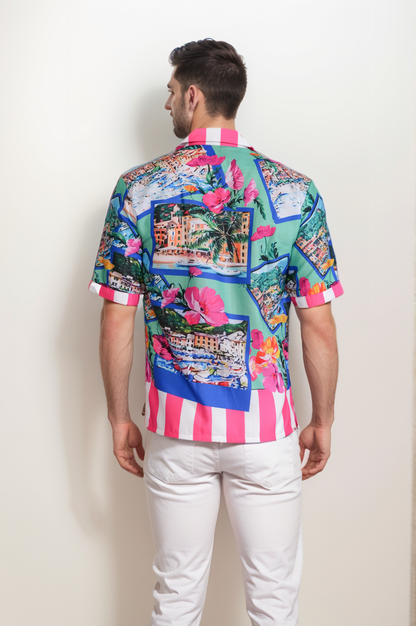 Unisex Luxe Resort Aloha Shirt ( Pink Stripes )