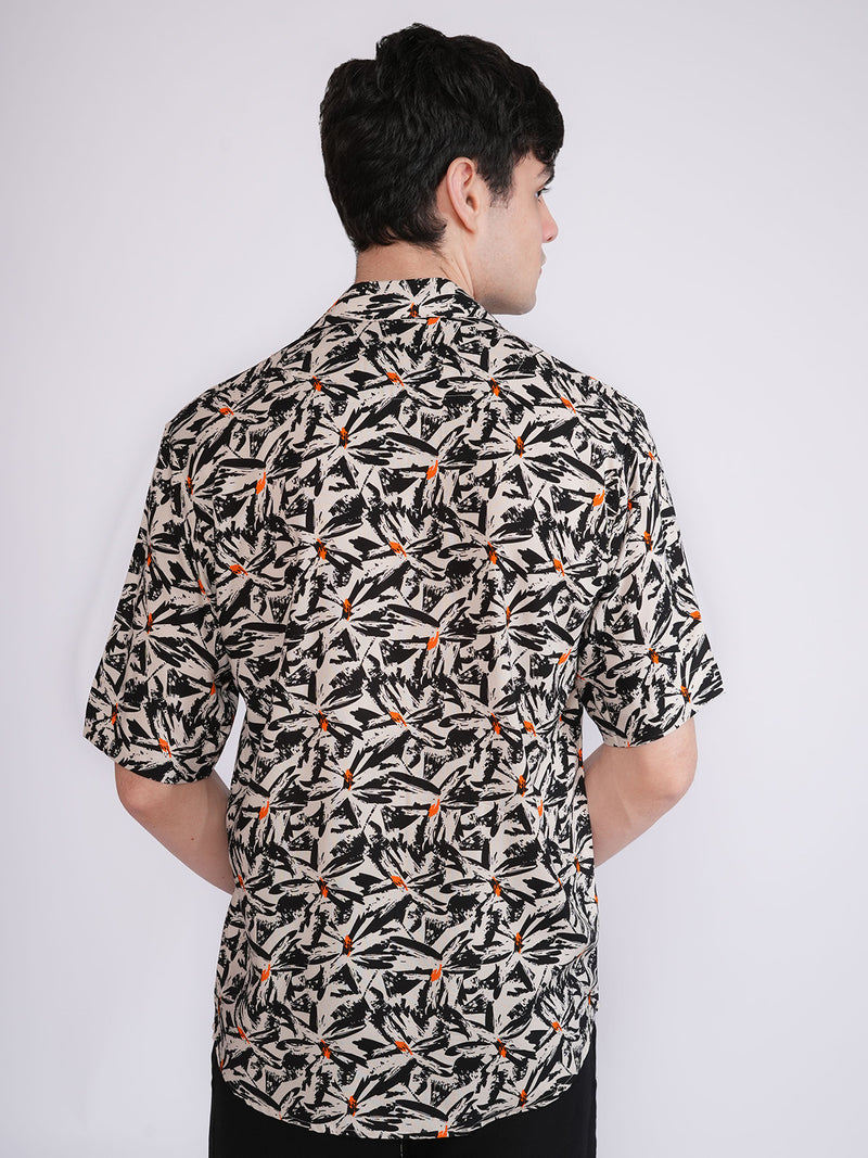 Unisex Black & Beige Floral Pattern Aloha Shirt