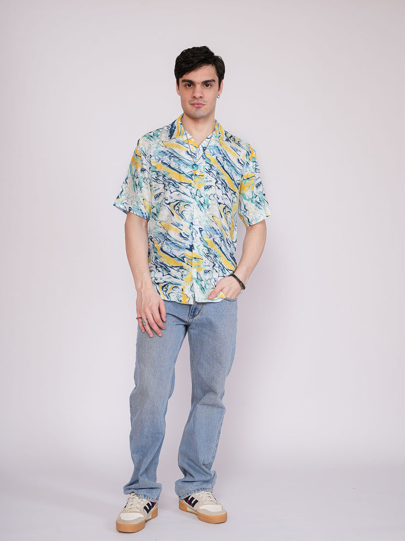 Unisex Blue & Yellow Liquid Art Aloha Shirt