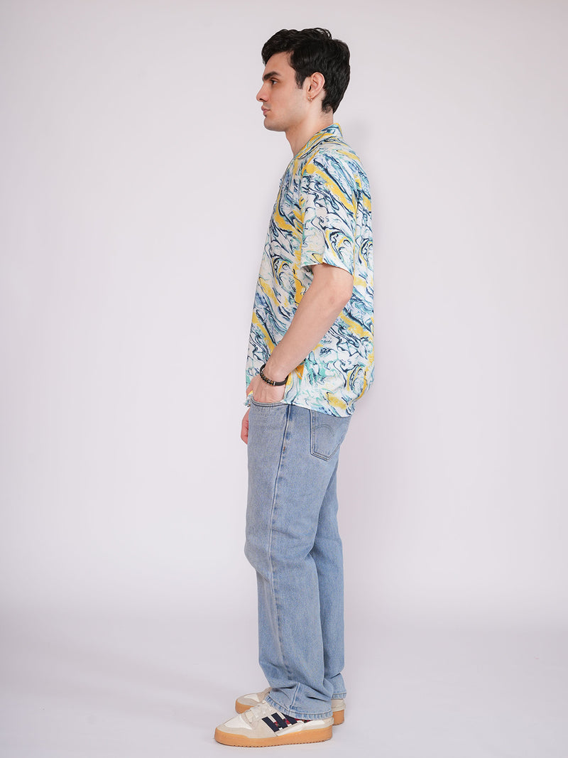 Unisex Blue & Yellow Liquid Art Aloha Shirt