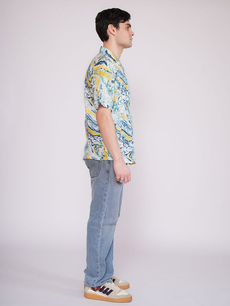 Unisex Blue & Yellow Liquid Art Aloha Shirt