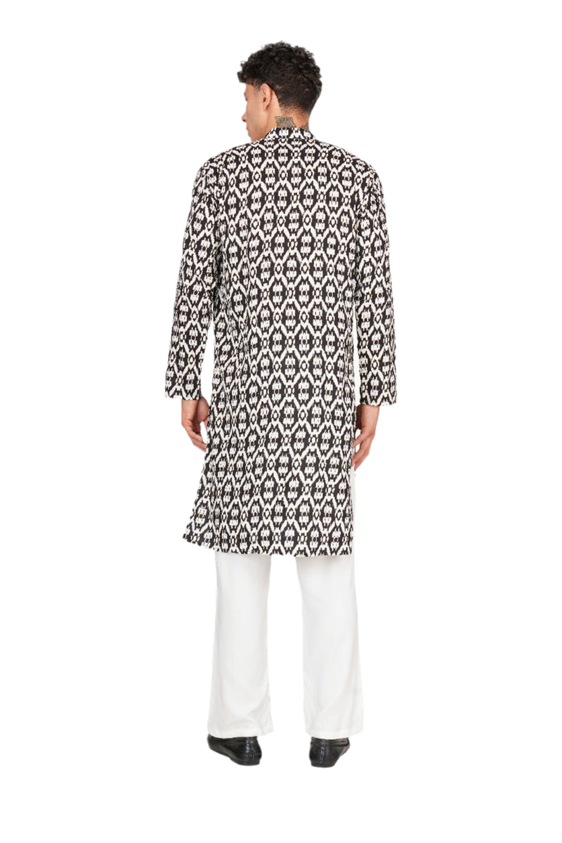 Black & White Printed Kurta For Men