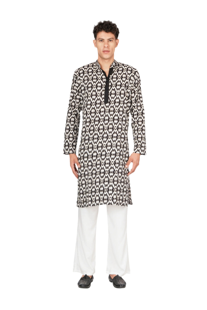 Black & White Printed Kurta For Men