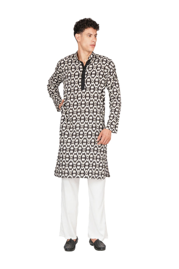 Black & White Printed Kurta For Men