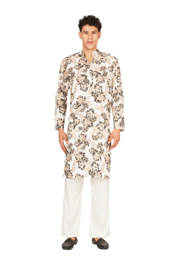 White Abstract Printed Kurta For Men